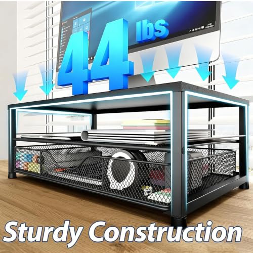 Image of OPNICE Desk Organizers and Accessories, Computer Monitor Stand Riser with Drawer and 2 Pen Holders, Printer & Laptop Stand, Office Desk Accessories & Workspace Organizers for Home Office Supplies, Metal Black