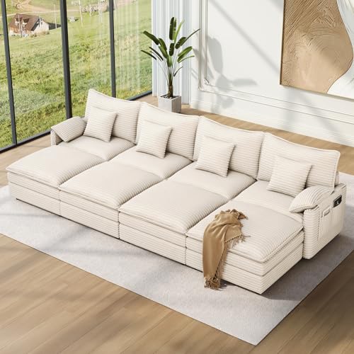 Image of Vesgantti 142 inch Oversized Sectional Sofa Bed, 8-Seater Modular Sleeper Cloud Couch with Movable Ottoman, Corduroy Convertible Sofa Set Deep Seat Couches for Living Room, Bedroom and Apartment, Beige