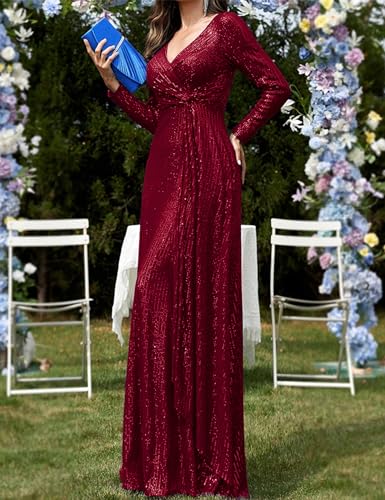 Image of Long Sleeve Sequin Dress For Women Formal Gowns Sparkly V Neck Maxi Dress