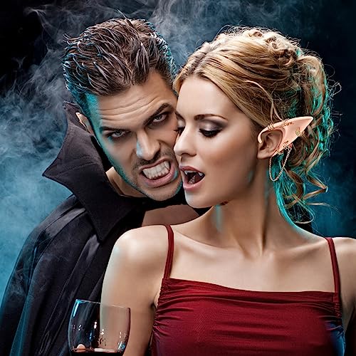 Elf Ears Piercings Earring Cuffs - Halloween Fairy Pixie Soft Pointed Ear with Gold Hoop Pearl Earrings Chain Set,Christmas Party Dress Up Vampire Tips Anime Accessories3