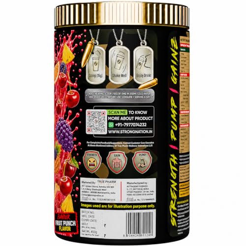 Image of Strong Nation SMG Strength Muscle Gainz 450g | All-In-One Muscle Mass & Strength Formula | Triple Creatine Matrix, L-Citrulline, Taurine & Electrolytes | Pump, Power & Performance Support (Fruit Punch)