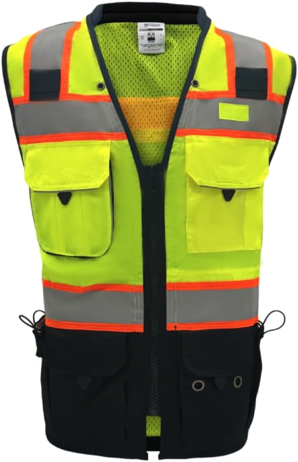 Sheffield SP-5002 Class 2 Safety Vest – High Visibility, 10 Pockets, Zipper Front, Mic Tabs, Mesh Back, Hidden iPad Pocket