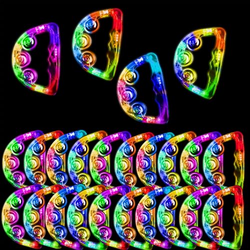 24 Pack LED Light Up Tambourines with Flashing Lights Tambourine Toys for Adults & Teens, Glow in The Dark Handheld Percussion Musical Instrument Wedding Reception Dance Floor Props Party Favors (24)