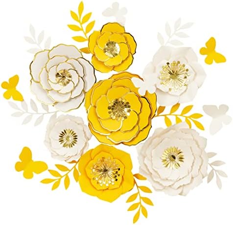 MEJOY 3D Paper Flower Decoration for Wall, Giant Paper Flowers, Large Handcrafted Paper Flowers (Yellow, Ivory, Set of 7) for Wedding Backdrop Nursery Wall Decor, Bridal Shower, Party Backdrop
