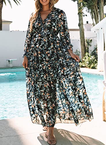 Image of BLENCOT Womens Casual Boho Floral Printed V Neck Long Sleeve Long Maxi Dress Spring Summer Dresses