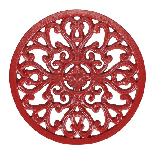 SUMTree Salvamanteles redondo de hierro fundido de 6.7 pulgadas, tapete decorativo resistente para ollas calientes, salvamanteles de hierro fundido con patrón de flores vintage con clavijas de goma