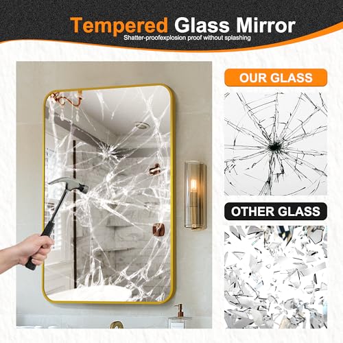 Image of Delma Bathroom Vanity Mirror, Gold Framed Mirror for Over Sink, 30x20 | HD glass, distortion-free for makeup and grooming, Sturdy frame, all mounting hardware, hangs horizontal or vertical