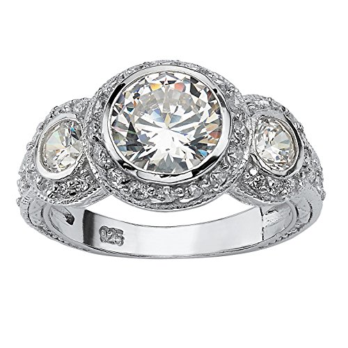 Sterling Silver Round Cubic Zirconia Bezel Set Vintage Style 3 Stone Bridal Ring Size 7