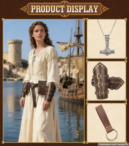 Image of 7PCS Renaissance Accessories - Medieval Belt, Viking Leather Bracers, Belt Pouch & Money Bag for Halloween Cosplay