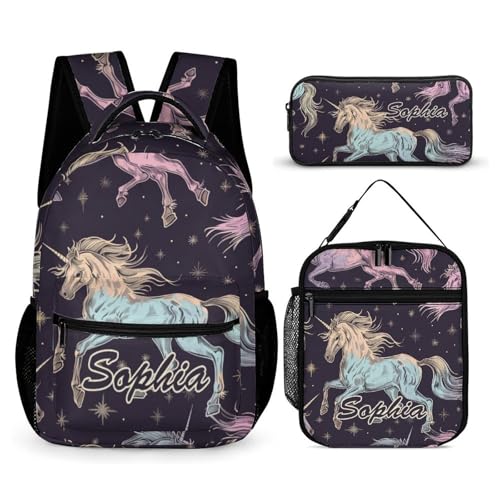 Animal Unicorn Pattern Custom Backpack Set 3 Personalized Add Your Name School Bag with Lunch Bag Pencil Case Customized Backpack for Kids Girls Boys