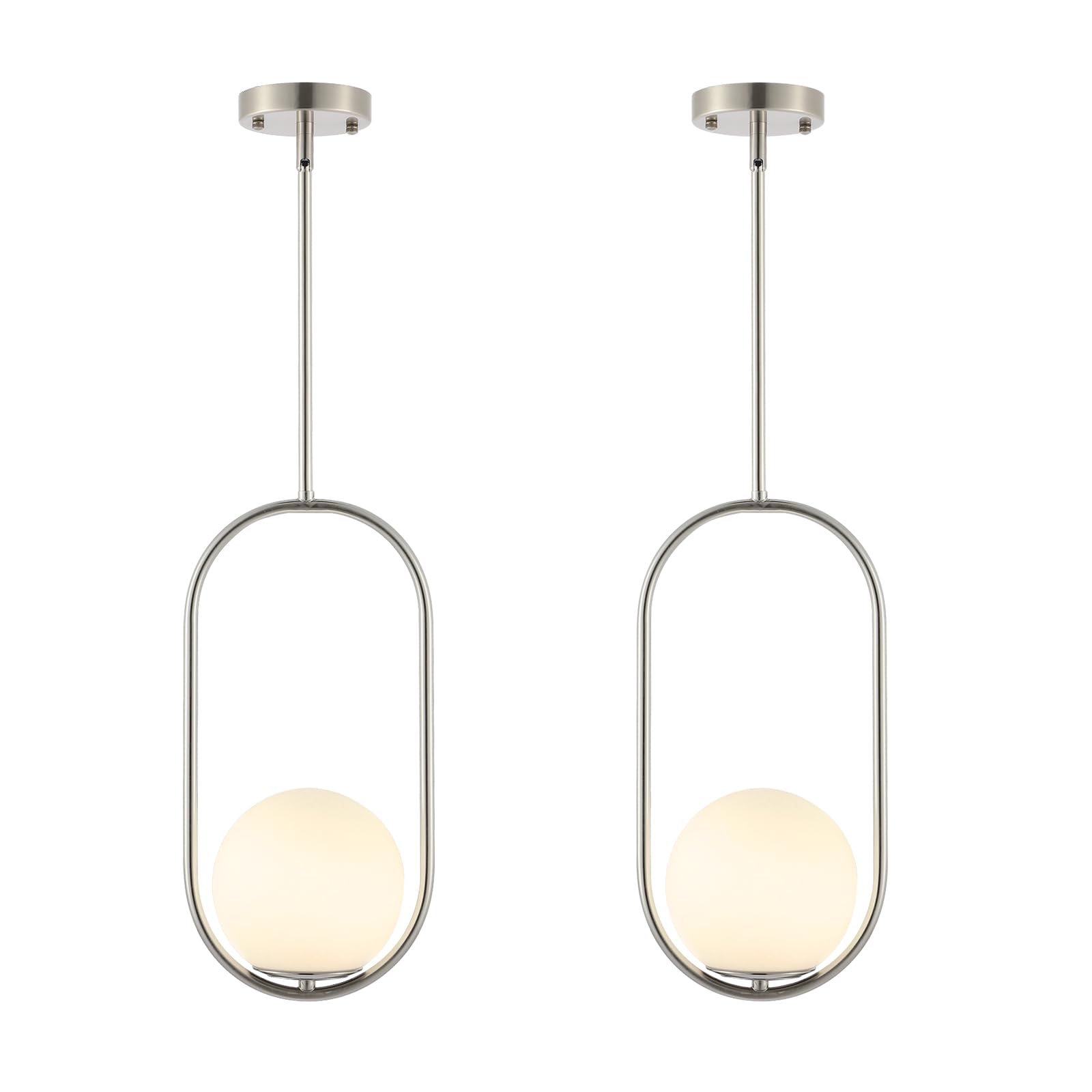 BYOLIIMA Modern Globe Pendant Light Brushed Nickel Chandelier 1-Light Mid Century Ceiling Hanging Lighting Fixture White Globe Glass Shades for Kitchen Island Dining Room Bedroom (2 Pack)