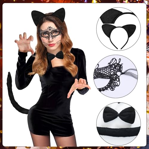 6 Stück Katzenkostüm Damen,Katzenohren Haarreif,Katzenkostüm,Kostüm Katze Damen,Katze Kostüm Damens mit Katzenschwanz,Spitzenbesetzte Augenmaske Handschuhe Aufkleber für Karneval,Kostümfest,Cosplay