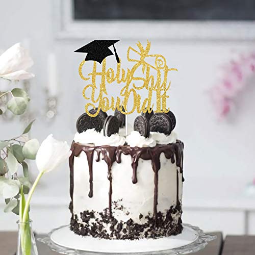 Holy Shit You Did It Cake Topper, Gold Glitter Funny Graduation Cake Decor, Funny Congratulations Cake Topper,Happy 2023 Graduation Party Decorations Photo Prop #TOP3