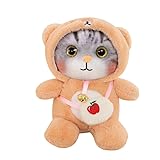 Seyomi Cute Cat Bear Plush Stuffed Animal Cat Plushies with Bear Outfit，Gifts for Kids（9.8 inches）