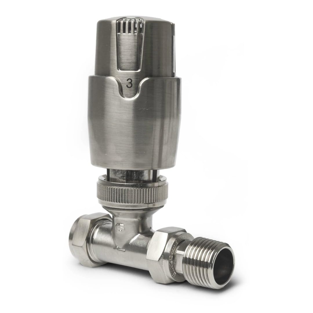 Brushed Nickel Straight Thermostatic Radiator Valves TRV Modern Radiator Valves 15mm x 1/2" (Set of 2) for Heated Towel Rails & Central Heating Radiators Brushed Nickel Radiator Valve Set