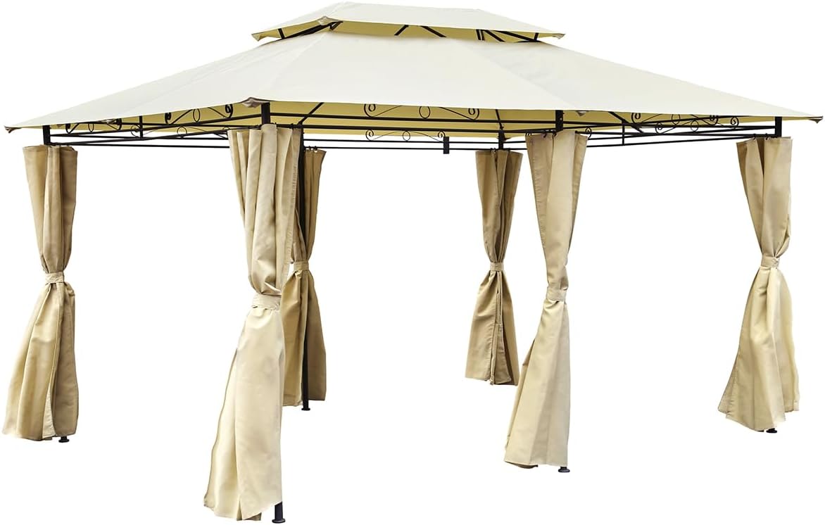 CHARLES BENTLEY 3M X 4M Steel Art Beige Gazebo With Side Curtains Marquee Tent, For Garden Parties, BBQs, Waterproof, Metal Frame, Removable Curtains, Wind Resistant, Easy Assembly (300x400x260cm)