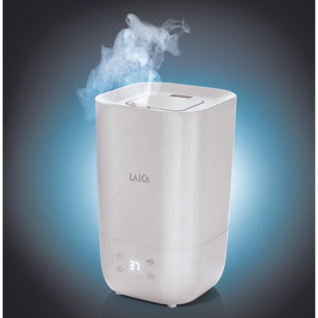 Umidificatore a ultrasuoni LAICA, serbatoio 3,3 L per stanze, piante, ultrasilenzioso, 3 velocità spray con modalità notte, erogazione 15 ore, On/Off auto, riempimento facile, oli aromatici