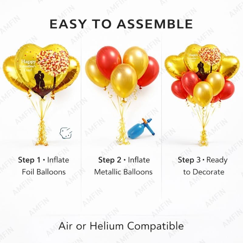 Image of AMFIN (Pack of 9) Happy Valentine's Day Balloon Decoration Set | Romantic Heart Foil Bouquet Metallic Helium Bunch Proposal Anniversary Celebration Party Decor - Red Black