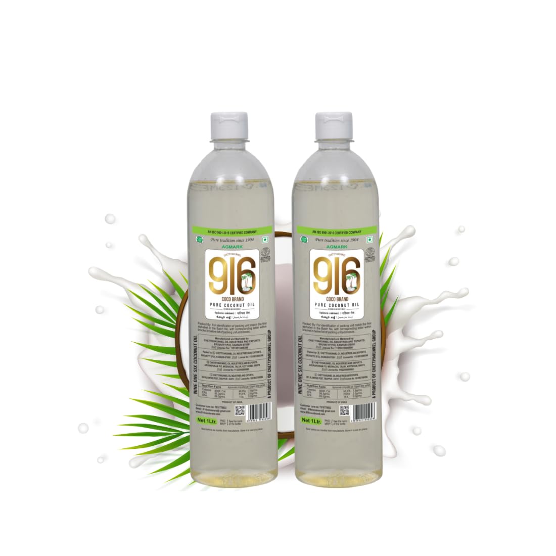 Chettiyakunnel 916 Coco brand Coconut oil | 100% A1 Grade Chemical free Coconut | Hair Care | Baby Massage | Daily Cooking | Skin Care | From Makers of Chettiyakunnel Kerala (1 LITRE*2)