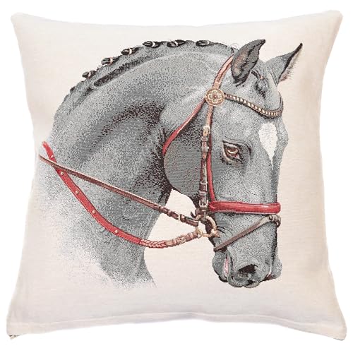textile idea Housse de coussin, 45 x 45 cm, tapisserie, coussin décoratif, coussin de canapé, motif cheval gris, 1 pièce