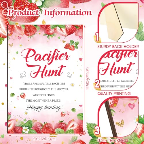 Image of Thyle 51 Pcs Strawberry Pacifier Hunt Baby Shower Games Include Hunt Sign and 50 Acrylic Pacifiers for Baby Shower Decoration Gift Sets Gender Reveal Party Decor