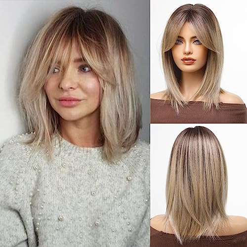 HAIRCUBE Long Dark Blonde Wigs for Women Synthetic Hair Wig with Fringe Ombre Color with Dark Roots, 16 inch