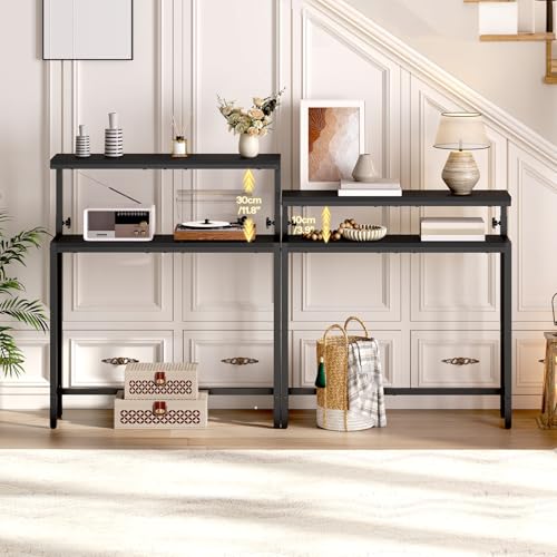 Image of HOOBRO Narrow Console Table with Adjustable Height (31.5 inch-39.3 inch), High Entryway Table, Skinny Behind Couch Table with 2 Tier Shelf, Sofa Table for Hallway, Livingroom, Black BB96XG01