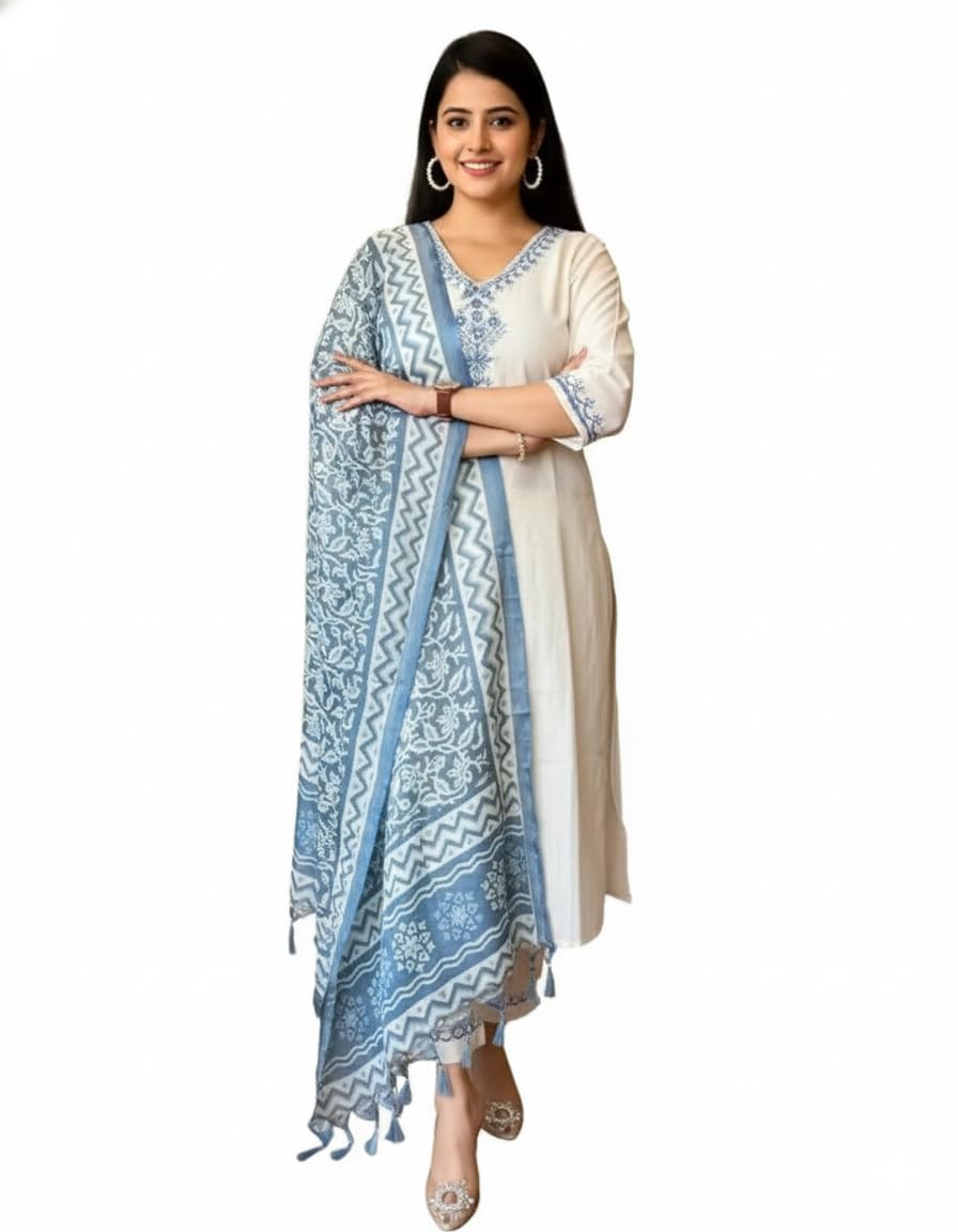 Women's Slub Rayon Hand Work kurtis with Contrast Dupatta || kurta sets for woman || kurti set for woman-image-25