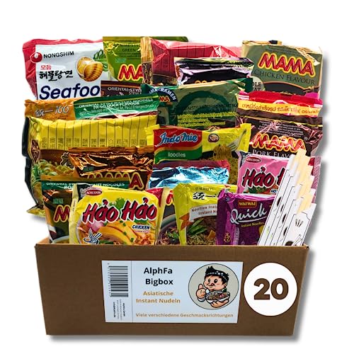 AlphFa Bigbox - 20 asiatische Instant Nudeln Box aus Ramen & Nudelsuppen - zufälliger Mix versch. Sorten Portionsgrößen wie Huhn, Rind, Shrimps uvm. - ideal als Geschenkbox, 5x Essstäbchen