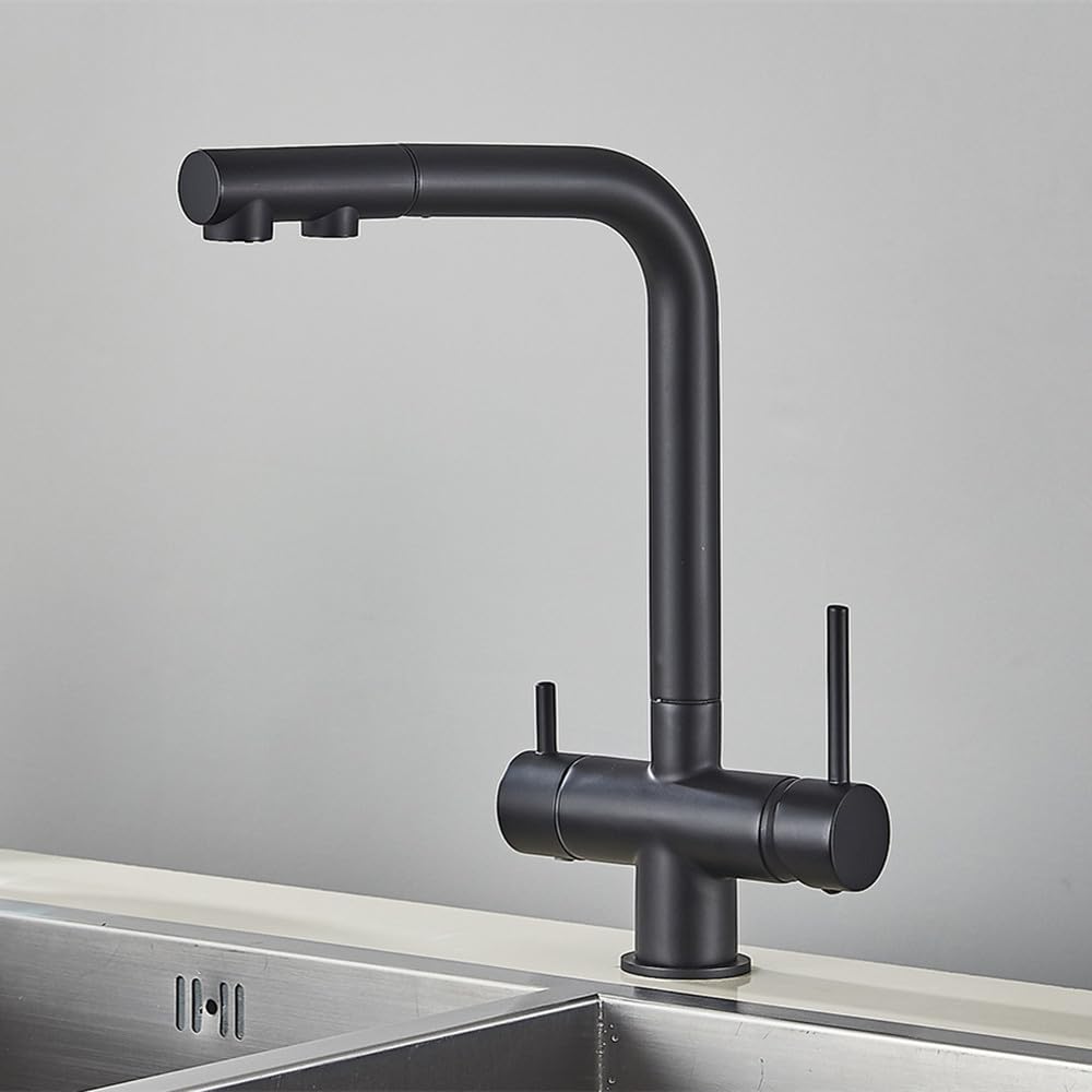 ZQFHSX Matte Black Chrome Brass PullOut Kitchen FaucetDual Handle 3Way Filtered Drinking Water Mixer Tap for Hot & Cold Purifin Modern Design