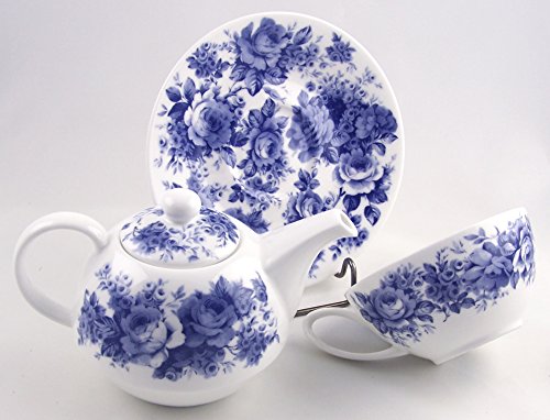 Fine English Bone China Tea For One - Teapot And Cup Set - English Chintz - Blue Rose - Roy Kirkham, England #TOP4