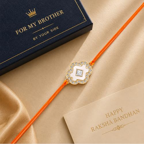 Image of Mahi Elegant Floral Rakhi for Brother with White Enamel and Studded Crystals (RA1100870G)