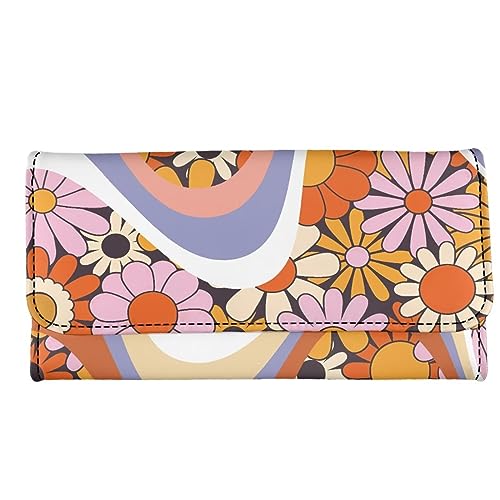 Binienty Womens Trifold Wallets Large Capacity Wavy Swirl Hippie Flower Wallet Luxury Three Fold Coin Purse Long Rfid Slim Card Holder Purse,Orange