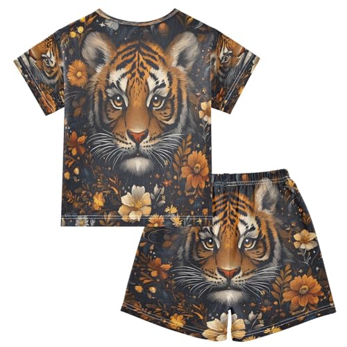 ALAZA Tiger Floral Night Flower Pajamas Set Short Sleeve Cotton Sleepwear Summer Pjs 2 Piece 5-14Y2
