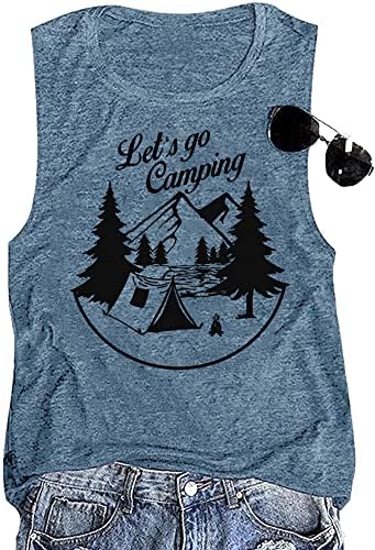 Mountain Hiking Tank Top for Women Let's Go Camping Letter Print Funny Workout Graphic Muscle Tank Summer Casual Sleeveless Adventure Vintage Tank Tops, Ink Blue M