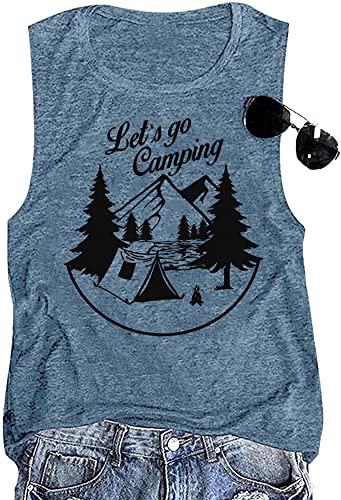 Mountain Hiking Tank Top For Women Let's Go Camping Letter Print Funny Workout Graphic Muscle Tank Summer Casual Sleeveless Adventure Vintage Tank Tops, Ink Blue M #TOP1