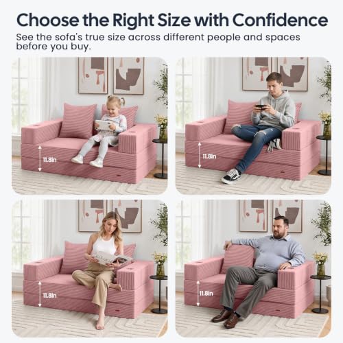 Image of COMAX Boneless Futon Sofa Bed, 59 inch Small Low-Profile Floor Couch, Pink