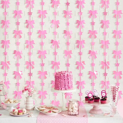Image of Menstarsi Bow Foil Fringe Curtains, Pink Bow Birthday Backdrop, 2 Pack | Pink Bow Party Decorations Pink Coquette Party Supplies Photo Booth Props Backdrop for Baby Girls Bridal Shower Party Decor