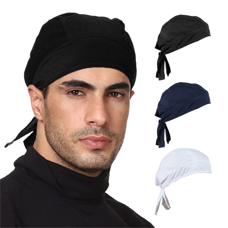 3 Pack Sweat Wicking Do Rag Cooling Beanie Helmet Liner Dew Rag Head Scarf, Bandana, Head Wrap, Motorcycle, Cycling