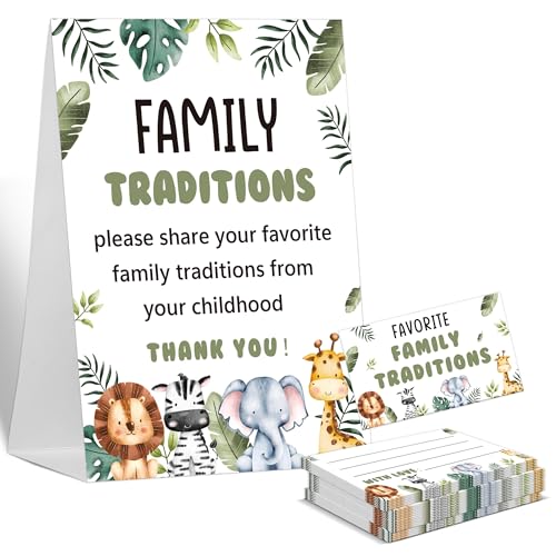 Sxurt Baby Shower Games Family Traditions Sign, 1 Standing Sign and 50 Cards, Safari Jungle Wild Animal Gender Neutral Decoration, Gender Reveal Party, Bridal Shower Favor Supplies-LT50