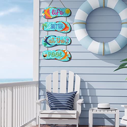 Panelee Swimming Pool Hanging Wooden Sign Summer Slippers Wall Hanging Decor Sign Flip Flop Pool Decorations Outdoor Decorative Wood Pool Signs Pool Theme Bathroom Wall Pediments for Home, 22 x 10 In