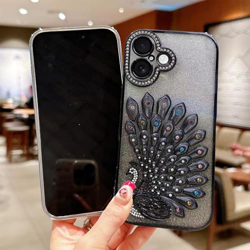 Image of mobistyle Designed for iPhone 16,3D Diamond Luxury Electroplate Glitter Peacock Tail Bling Design Camera Protection Shockproof Phone Case for (Black, iPhone 16)