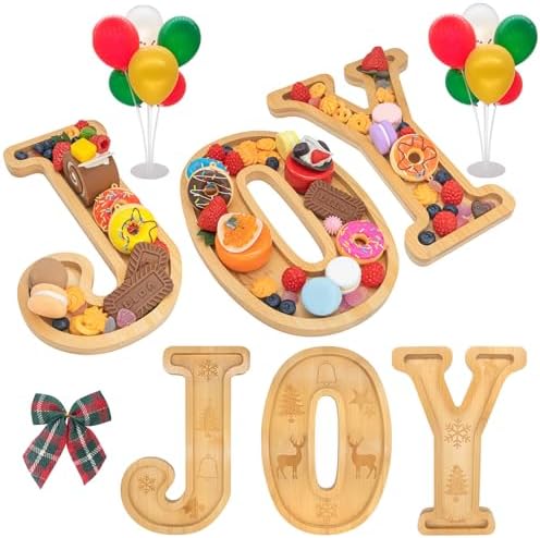 3PCS Bamboo Christmas Decorations Letters Charcuterie Board Box-(with 14 Balloons and Bow) JOY Charcuterie Letters Fillable Food Christmas Party Supplies Table Decoration Food Tray Platter