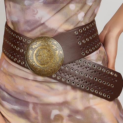 IZUS Retro-Punk Western-Belt for Women PU-Leather Eyelets-Waist-Strap Women's Vintage Belt with Wide-Disc-Buckle3