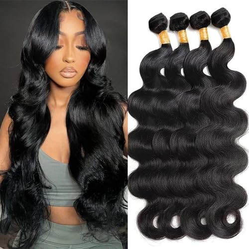 Body Wave Bundles Human Hair 14 16 18 20 Inch Human Hair Bundles 100% Unprocessed Brazilian Virgin Quick Weave 4 Bundle Human Hair Extensions for Black Women Natural Color