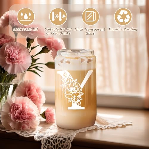 Image of Coolife Initial Glass Cup, Monogrammed Gifts for Women, 16 oz Tumbler w /Lid | Iced Coffee Smoothie Beer Tumbler w /Straw Lid - Personalized Christmas, Birthday Gifts for Woman Her Mom Friend