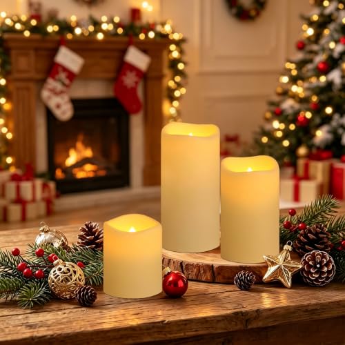 Image of VIEWELLD Flameless Candles with Remote, Battery Operated Candles, LED Pillar Candles with Timer 2 /4 /6 /8 Hours, Real Wax Pack of 3, Indoor Home Decor (Ivory)