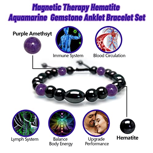Image of Hion 2 Pack Magnetic Therapy Anklet Bracelet Plus 1 Pack Magnetic Bracelet for Women /Men Weight LossBoost Metabolism, Keep Slimming Hematite Purple Amethsyt Gemstone Anklet Bracelet Set