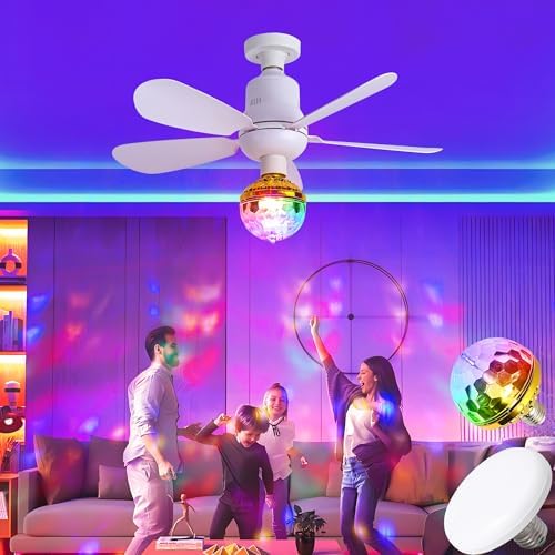 Socket Fan Light with Remote, Screw in Socket Breeze Ceiling Fans Light with Disco Ball, Dimmable LED Light Socket Fan, 3-Speed Reversible DC Motor, for Bedroom Living Room Kids Room Playroom