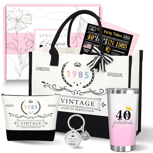 Unipinkart 40th 1985 Birthday Gifts for Women, 40 Year Old Birthday Fabulous Gifts for Women, Cool 40th Gift Canvas Tote Bag Set for Woman, Turning 40th Cup Gift Basket for Her Mom Sister Wife